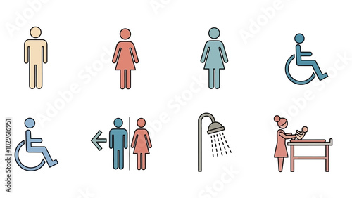 Collection of various public facility and accessibility icons including male, female, wheelchair, restroom, shower, and baby changing symbols.