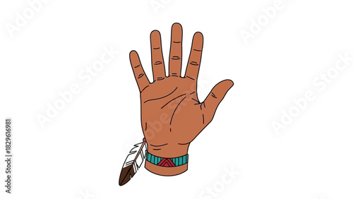 A cartoon illustration of an open hand with brown skin, adorned with a turquoise and red patterned bracelet and two feathers, on a white background.