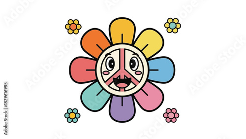 Colorful cartoon flower with a peace sign face, surrounded by smaller flowers, in a retro hippie style.