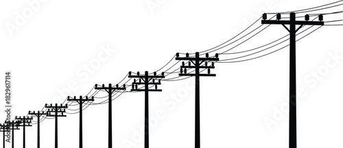Utility poles receding into the distance, power line perspective, rural infrastructure silhouette, linear perspective composition, electrical transmission poles and wires
