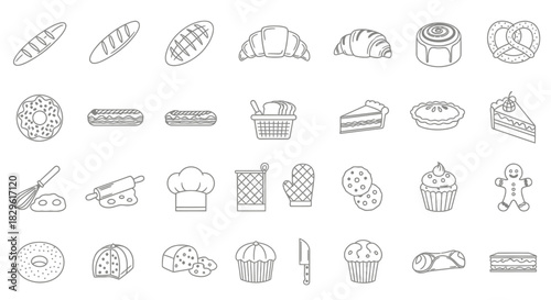 Collection of bakery products in outline style, including bread, pastries, and desserts.