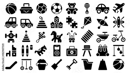 Collection of various children s toys and playthings in a clean icon set