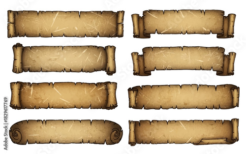 Set Of Vintage Old Parchment Paper Scrolls And Grunge Ribbon Banners For Text Design