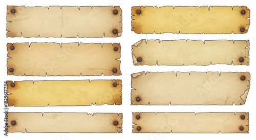 Set Of Vintage Grunge Parchment Paper Banners With Rusty Nails And Torn Edges