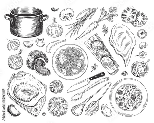 Hand drawn sketch of various food ingredients and dishes