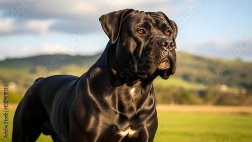 Portrait of a black cane corso dog standing in a field with green grass and hills in the background