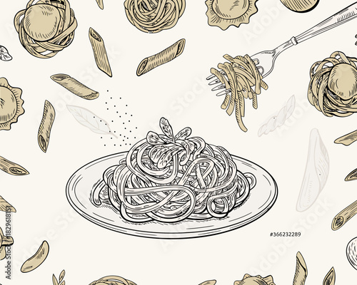Hand drawn pasta assortment with spaghetti plate and fork