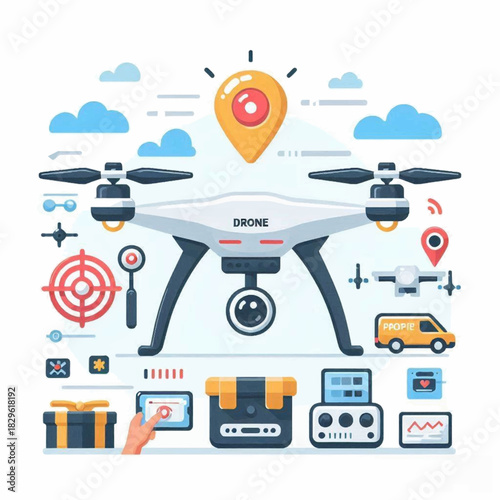 A cartoon drone is depicted surrounded by icons representing technology delivery and location services