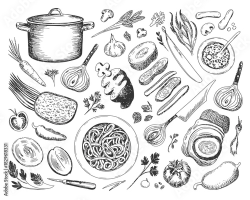 Hand drawn sketch of various food ingredients and cooking utensils