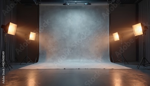 Pro photo studio with bright spotlights, empty backdrop. Cinematic lighting design. Interior space setup for photoshoot video production. Creative empty stage. Ready for model product shots.
