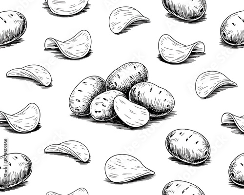 Hand drawn pattern of whole potatoes and potato chips on white background