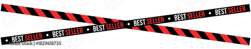 Two crossing black and red striped best seller tape banners over a white background in a promotional image , ribbons, stripes, tape