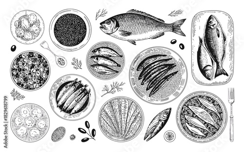 Vintage illustration of a seafood platter with fish caviar olives and dill