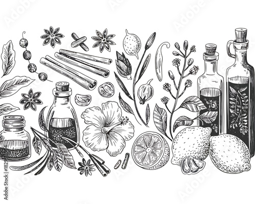 Hand drawn botanical ingredients and essential oils collection
