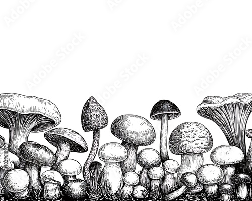 Detailed black and white illustration of various mushrooms