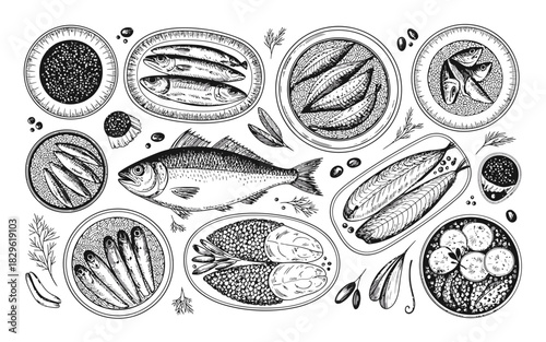 Hand drawn illustration of assorted fish dishes and ingredients