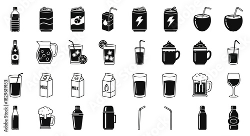 A collection of various drink icons in black and white, including cans, bottles, and glasses.