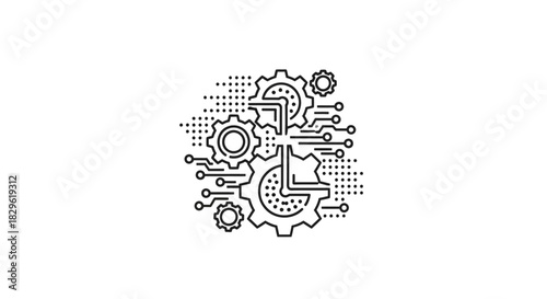 Line art illustration of interconnected gears and circuit board elements representing technology and engineering.