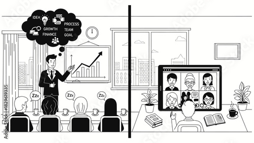 Remote working meeting versus a tedious boring office presentation doodle concept