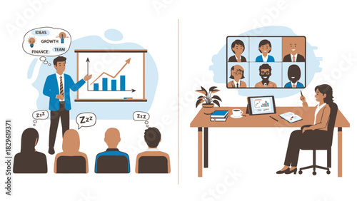Business meeting different styles in person versus virtual online conversation