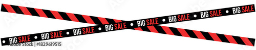 Two crossed big sale banners with red and black stripes on a white background for advertising purposes , ribbons, stripes, tape