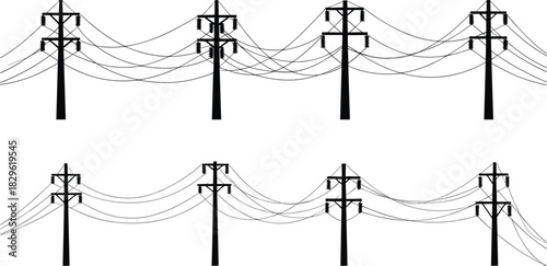 Vector illustration of electrical transmission poles and power lines, comparative top and bottom configurations, high-voltage infrastructure, engineering diagram, editable EPS