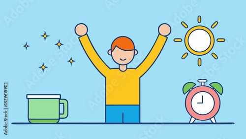 Cartoon man waking up with arms raised to celebrate morning