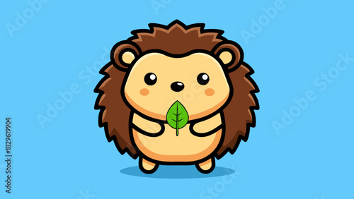 Cute Cartoon Hedgehog Holding a Leaf in a Blue Setting