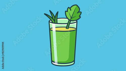 A refreshing green juice with celery leaf on a blue background