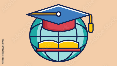 Graduation cap over the world with open book icon