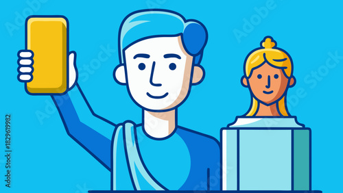 Cartoon man taking selfie in a museum