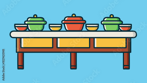 A colorful illustration of a buffet table with food