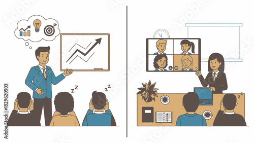 Business Meetings Evolution In Person versus Online Conference Call Training Session