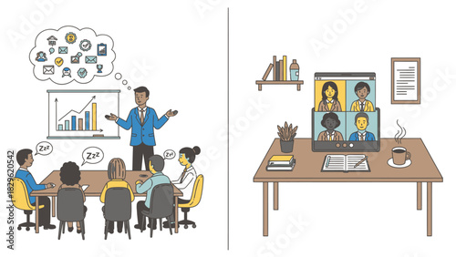 Comparing in person meeting with online conference with diverse business team