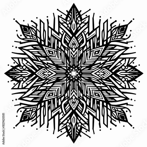 Intricate snowflake illustration with geometric patterns and symmetrical design
