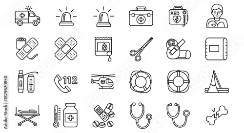 Collection of first aid and medical icons in outline style.