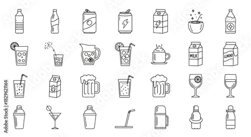 A collection of line art illustrations depicting various types of drinks and beverage containers.
