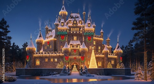 Enchanting winter castle adorned with festive christmas lights and holiday decorations