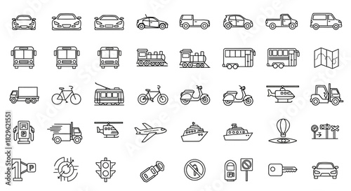 Collection of transportation icons: cars, buses, trains, planes, ships, and other vehicles in outline style.