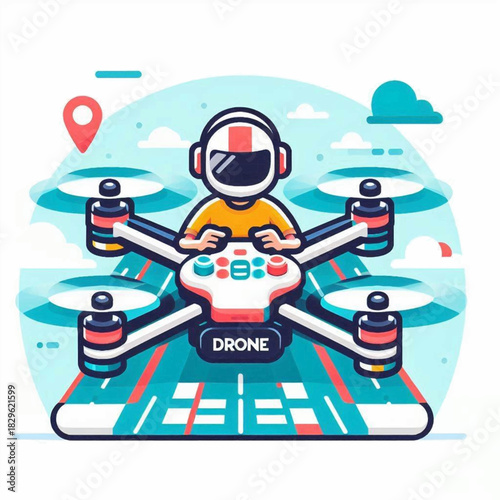 A cartoonish illustration shows a pilot atop a drone over a colorful path