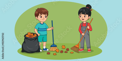 Children cleaning leaves, autumn chores, teamwork outdoors, seasonal activity, rake and broom, fall cleanup, flat vector illustration