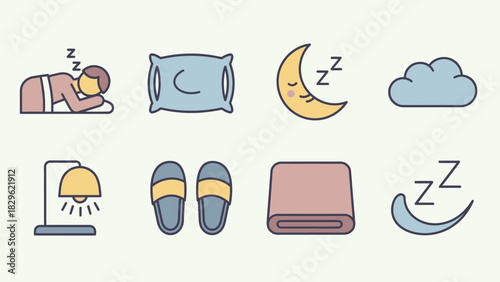 A collection of colorful flat design icons representing sleep, comfort, and relaxation items.
