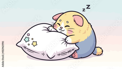 Cute cartoon puppy sleeping soundly on a fluffy white pillow with star decorations.
