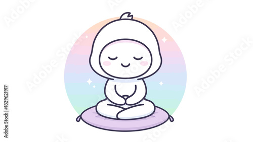 A cute cartoon character meditating peacefully on a purple cushion with a pastel rainbow background.