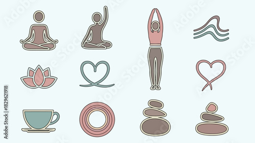 Collection of various yoga and meditation related icons, symbols, and illustrations.