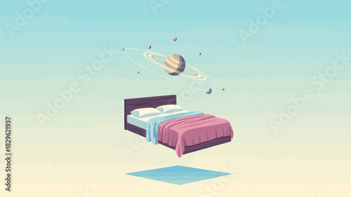 A surreal illustration of a bed floating in space with a planet and celestial objects.