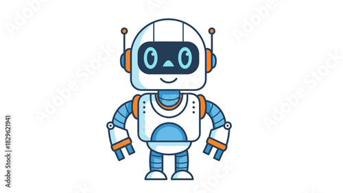 A cute and friendly cartoon robot with antennas standing on a plain white background.