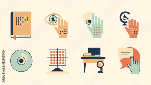 Icons representing accessibility for the visually impaired, including braille, screen readers, and assistive technology.