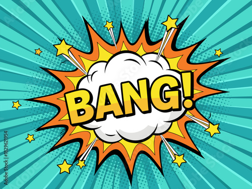 Comic book pop art explosion with the word Bang! on a retro blue radial background, vector illustration for action effects