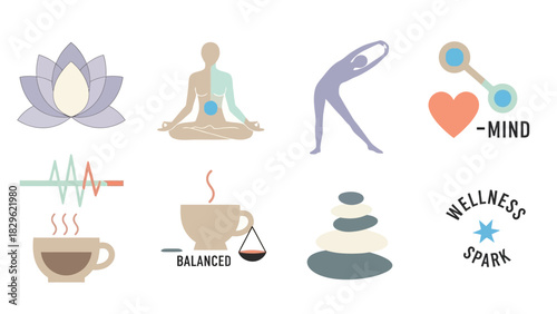 A collection of wellness and mindfulness icons including yoga poses, lotus flower, meditation, balanced coffee, and stacked stones.